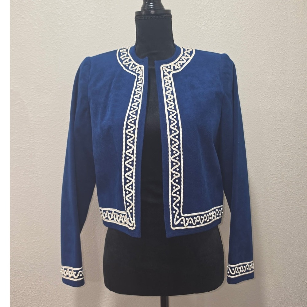 Vintage Ultrasuede Blue Cropped Jacket Pearl Embellished Braided Trim
